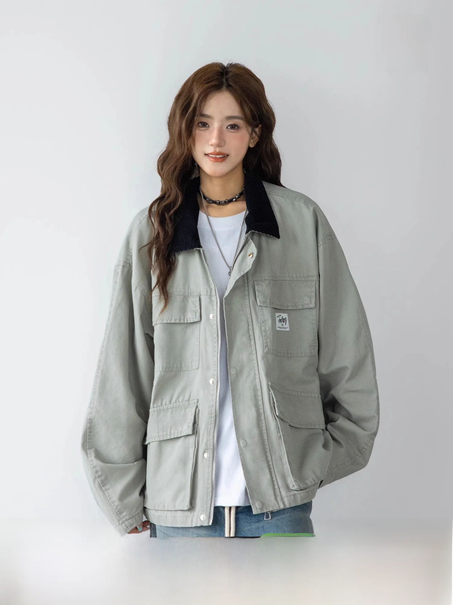 Женская винтажная куртка-карго с отложным воротником