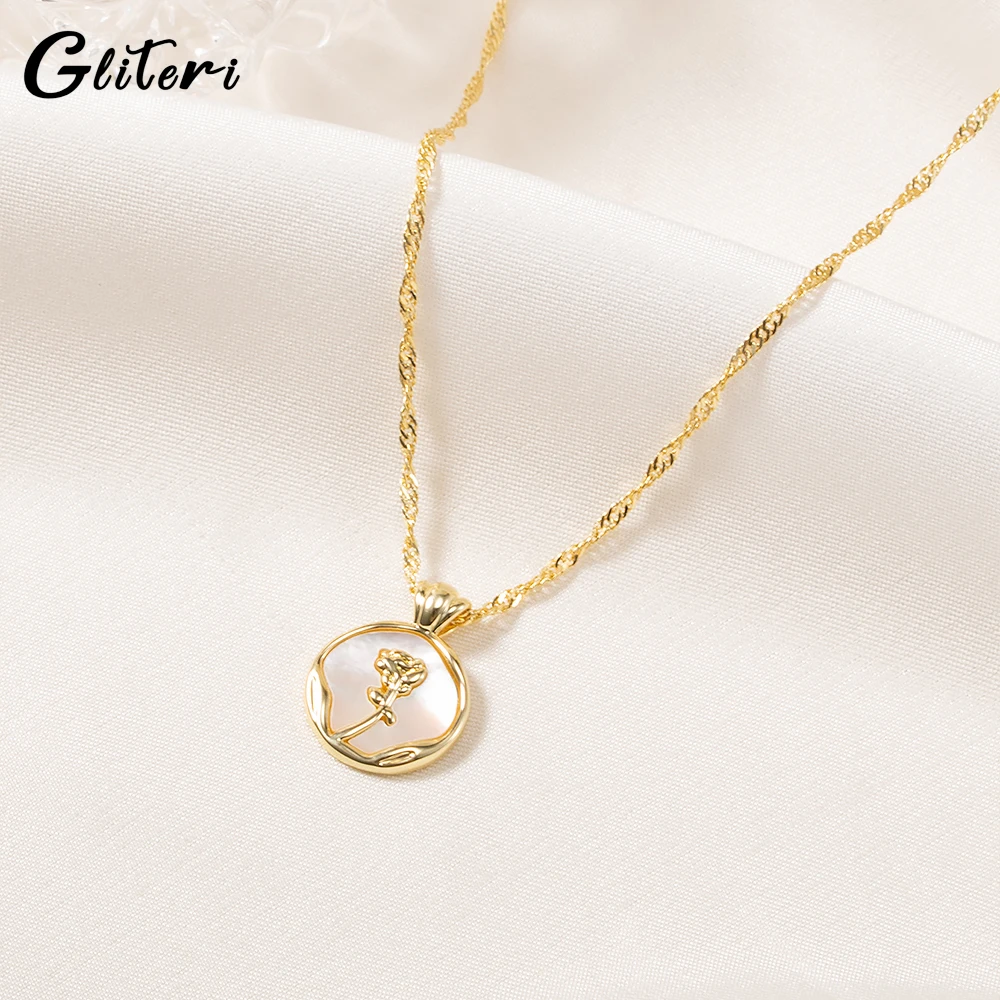 

GEITERI Vintage Embossed Rose Flower Necklaces For Women Girls Gold Color Chain Shell Round Pendant Choker Jewelry Female Bijox