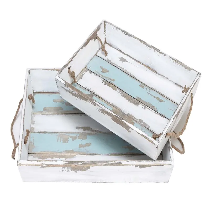 

18", 15"W White Wood Tray with Blue Stripe, 2-Pieces