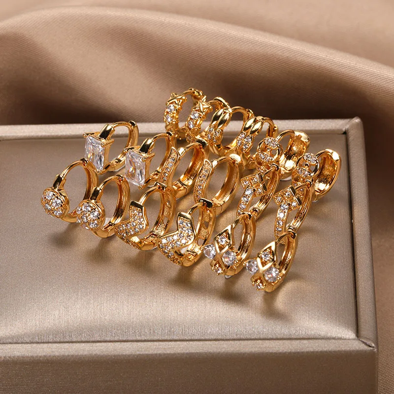 

Exquisite Zircon Star Round Leaf Piercing Stud Earrings for Women Gold Color Small Hoop Earrings Charm Geometric Jewelry aretes