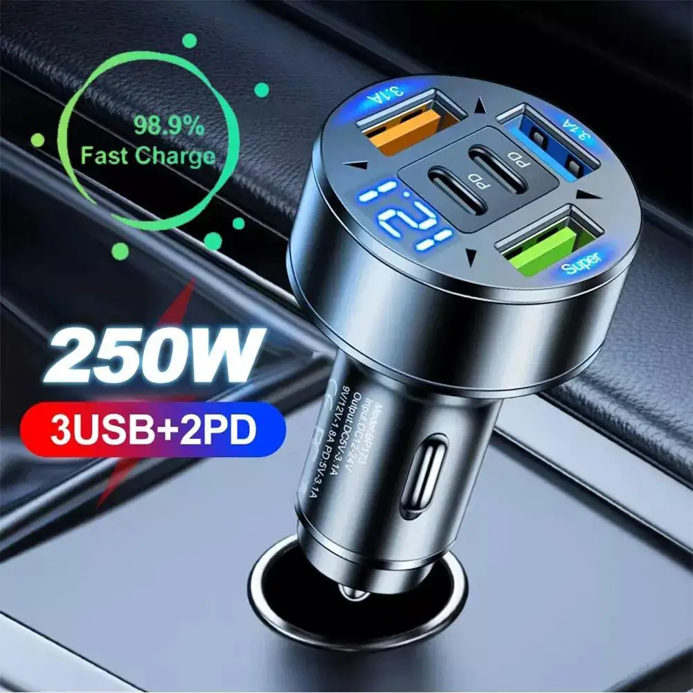 Автомобильное зарядное устройство 250 Вт 5 портов быстрая зарядка PD QC3.0 USB C адаптер