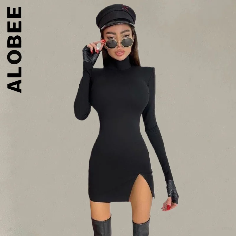 

Женское модное платье Alobee, недорогое уличное платье с длинным рукавом, облегающее однотонное черное приталенное платье, подходящее ко всем...