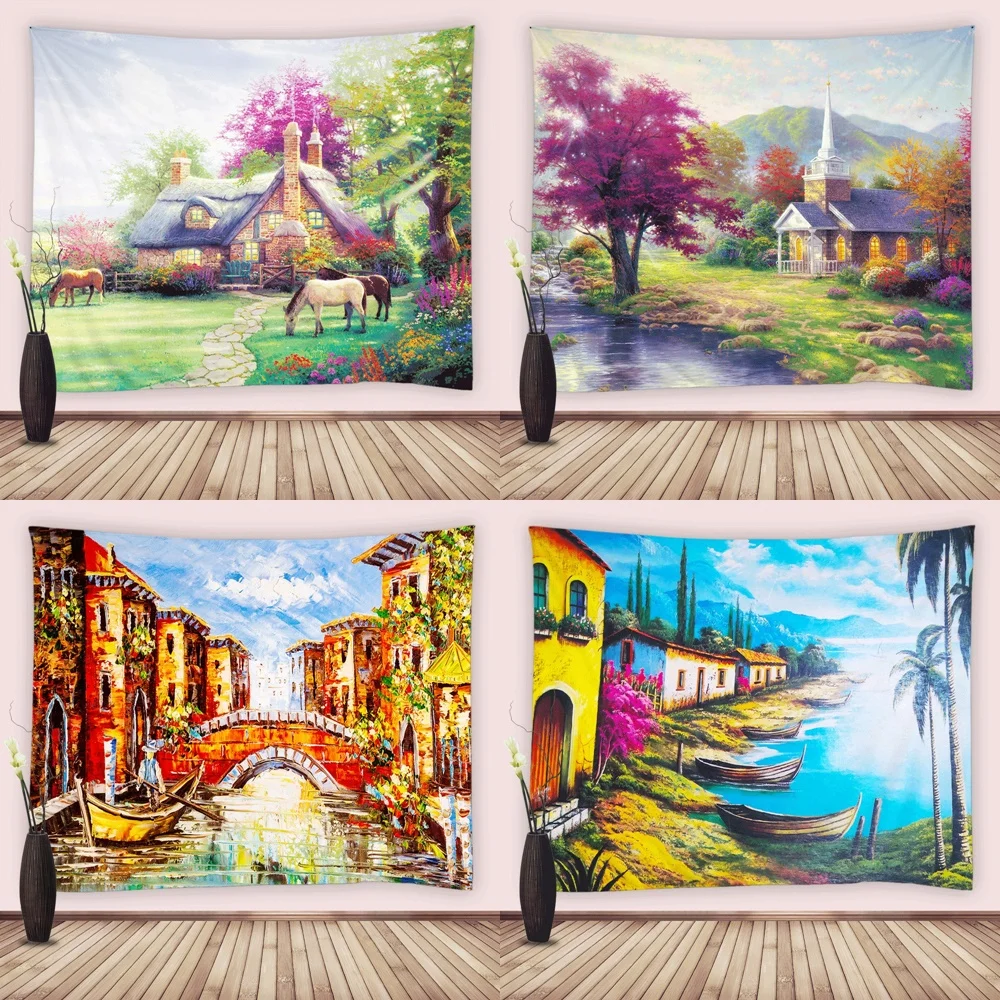 

Oil Painting Country Scenery Tapestry Wall Hanging Natural Farmhouse Stream Bridge Boat Tapestries For Bedroom Living Room Decor