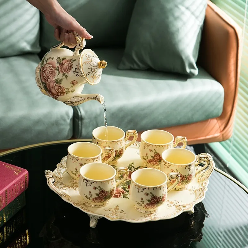 

Европейский Креативный керамический кофейный чайный набор с цветами, британский послеобеденный чай, чашка для воды, чайник, поднос, холодное искусственное украшение, посуда для напитков
