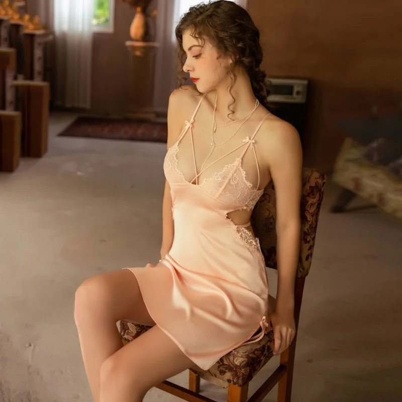 QWEEK Luxury Nightgowns Lace Beauty Back Night Wear Sexy Sleepwear Halter Strap Nightdress Bow Knot V-Neck Embroidery Silk Dress