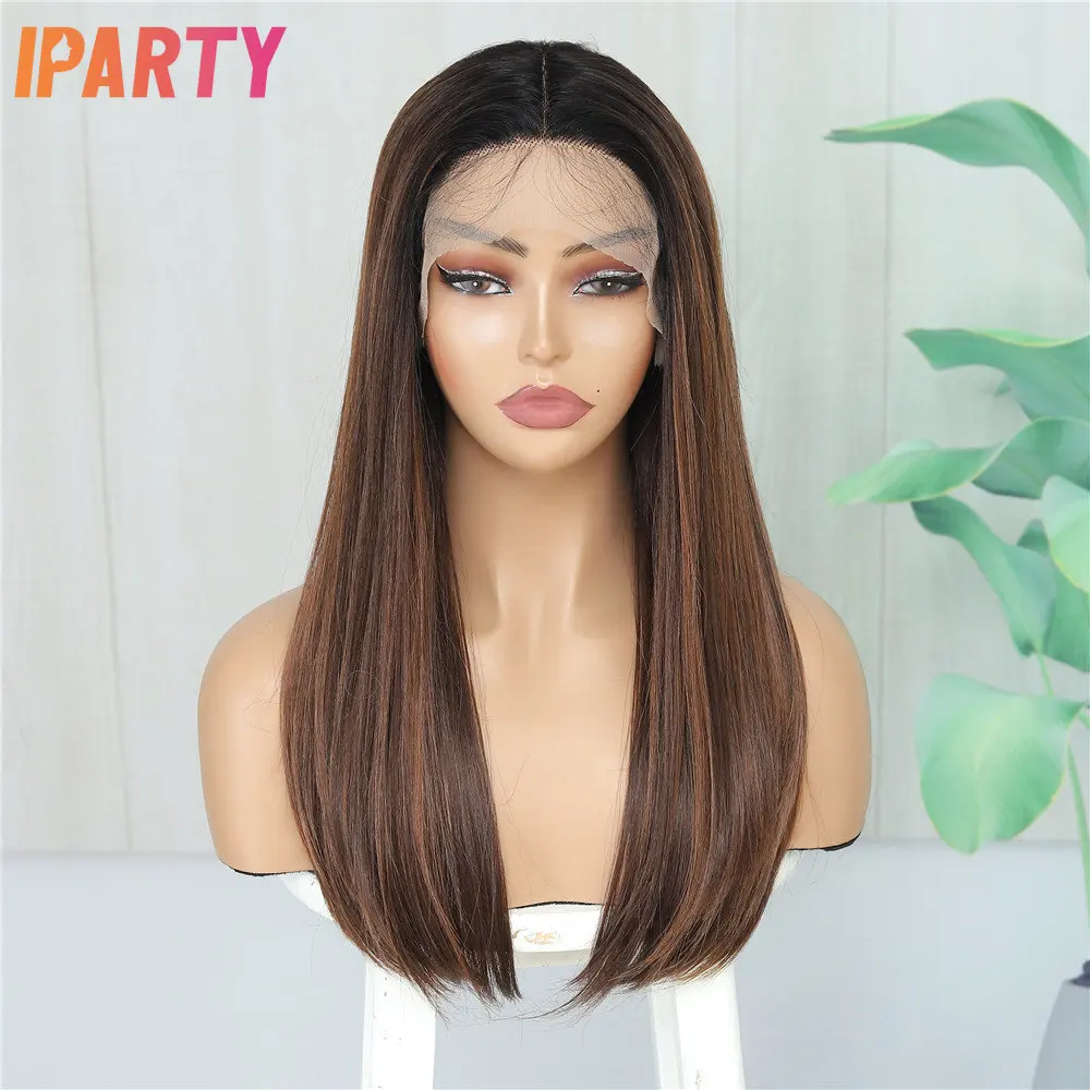 Ombre Brown Synthetic Lace Front Wig 20 Inch Middle Part Lace Highlight Wigs With Baby Hair For Women Heat Resistant Multi Color