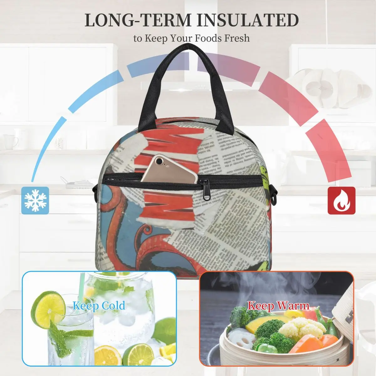 

Statement Newspaper Collage Lunch Bag with Handle Vintage Letter Print Food Cooler Bag Beautiful Carry Car Thermal Bag