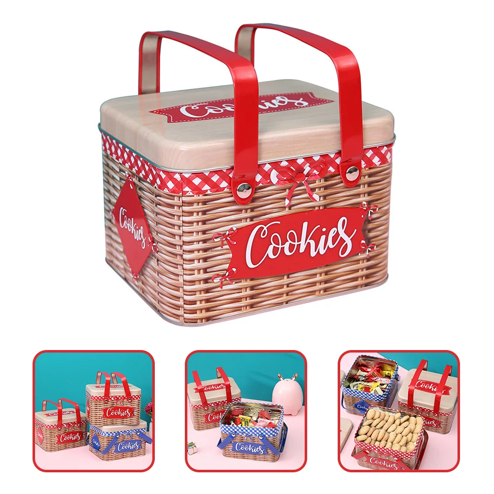 

Rectangle Imitation Rattan Metal Cookie Tin Metal Cookie Tin Can with Handle