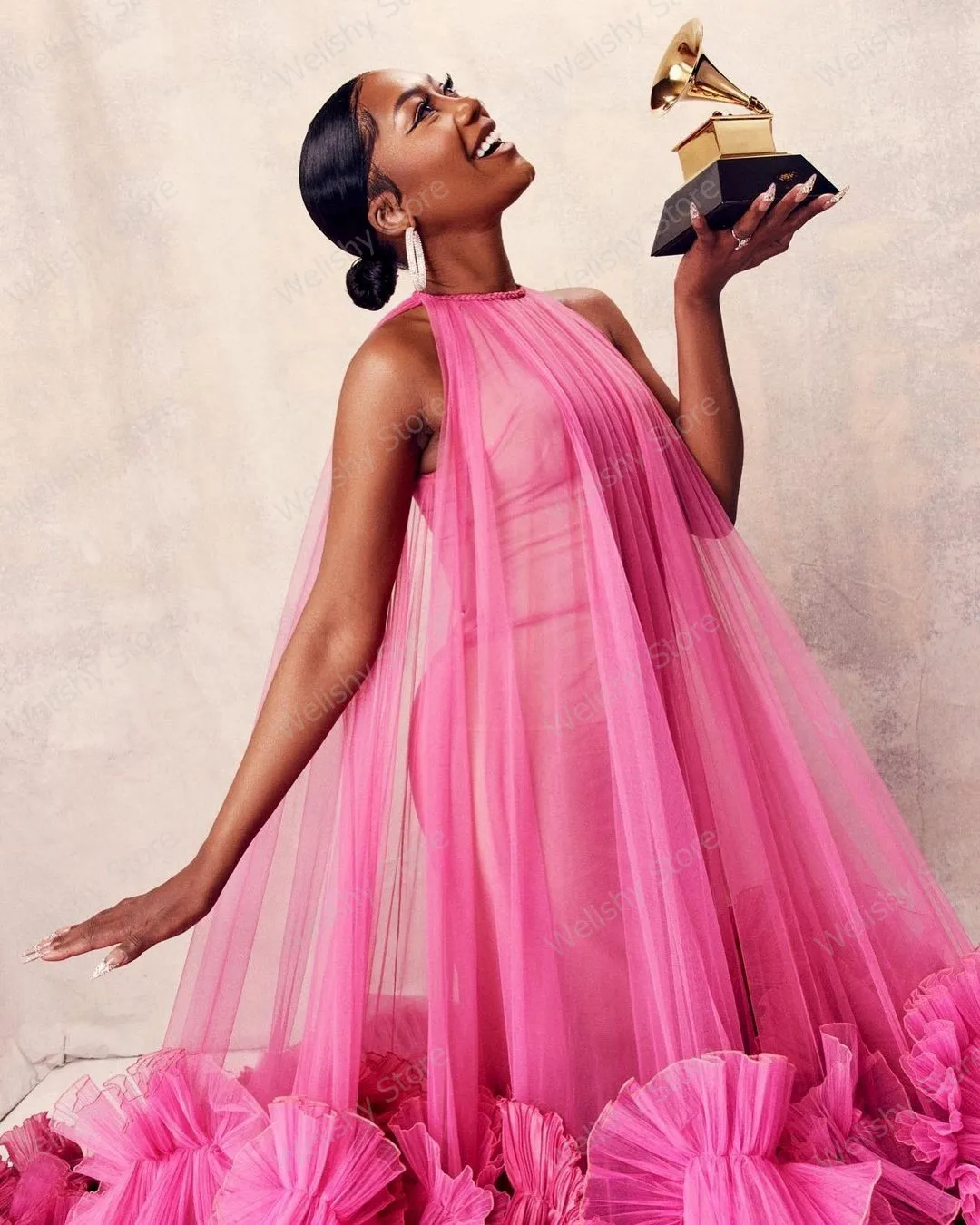 Женское прозрачное Тюлевое платье розово-красное Очаровательное с оборками