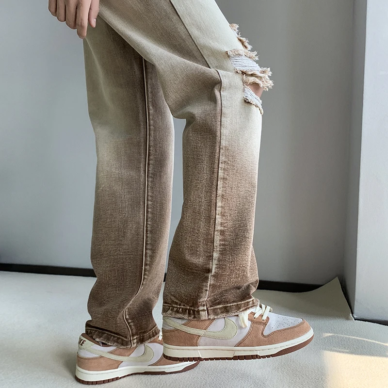 

Джинсы мужские с рваными дырками, свободные брюки из денима с широкими штанинами, повседневные Модные мешковатые штаны в стиле хип-хоп, коричневые, большие размеры 5 хl-м, на лето