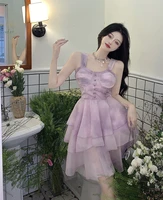 holiday sexy spaghetti strap dress high waist sweet mini princess dress female 2022 summer purple mesh puffy dress robe vestido