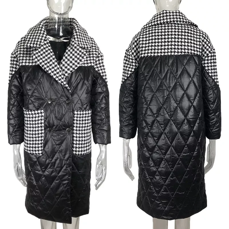 New2022 Turn Down Collar Parkas Women Fashion Patchwork Houndstooth Coats Women Elegant Loose Long Cotton Jacket Female Ladies J