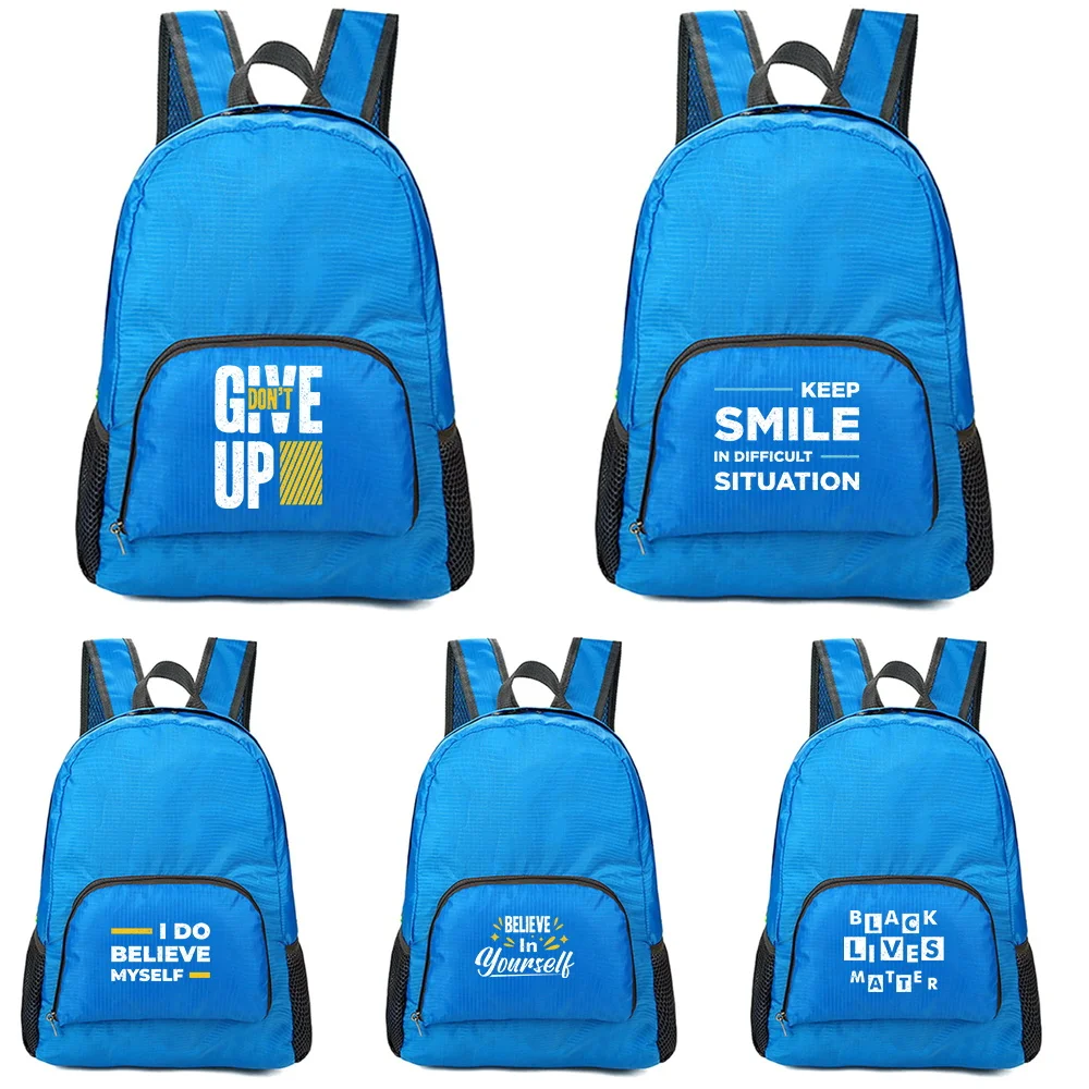

Men Sport School Backpack Foldable Bag pack Female Rucksack Camping Hiking Casual Lady shoulders Travel Backpacks Phrase Print