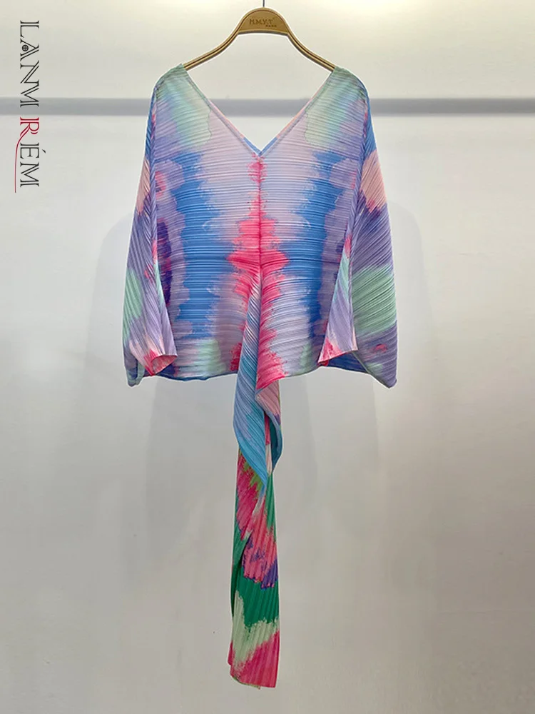 

LANMREM Batwing Sleeve Printed Pleated Dress V Neck Loose High Waist Elegant Dresses For Women 2023 New Spring Clothing 2Q1179