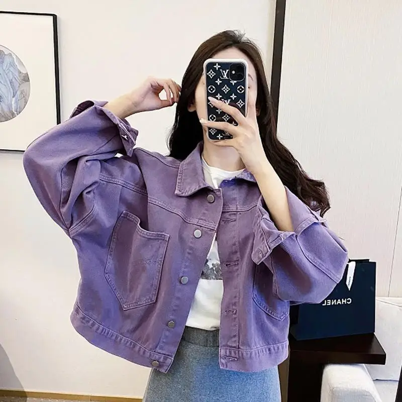 

Merry Pretty Chic Women Purple Casual Denim Jacket Ladies Spring And Autumn Jackets Popular Ladies Short Top Solid Color Coat