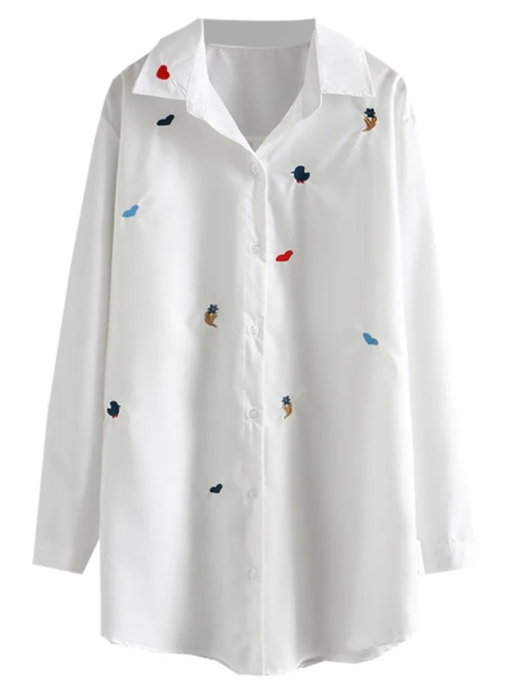

Plus Size Blouses Women's Clothing 2022 Spring Fashion White Shirt With Long Sleeves Cartoon Embroidery Cotton Tops