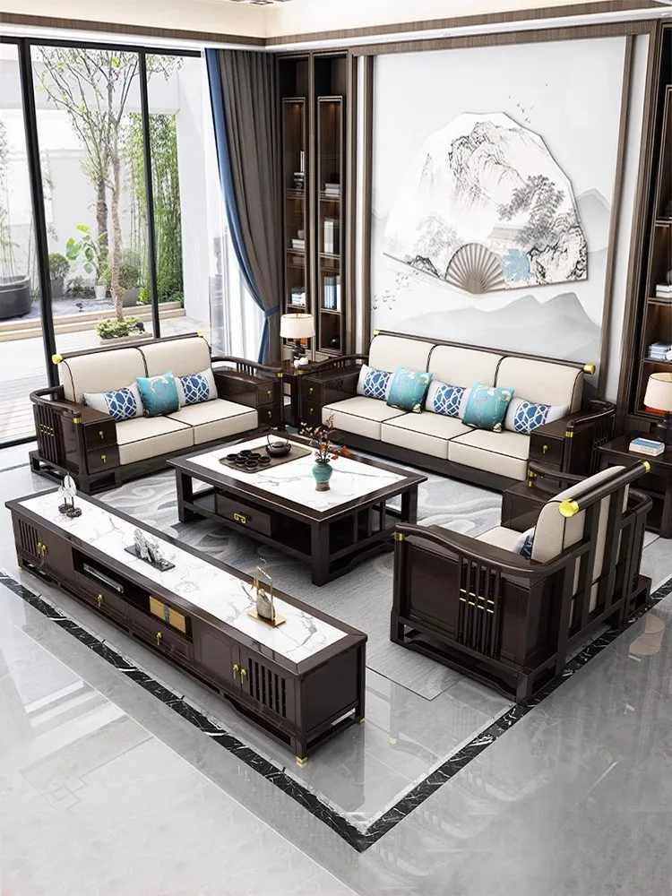 

New Chinese-style all-solid wood sofa combination villa light extravagant winter and summer high-box storage furniture