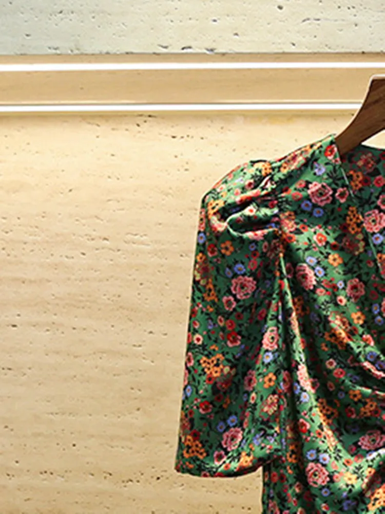Summer 2023 Women Hem Ruffles Mini Dress Floral Print Pleated Slim Temperament V-neck Short Sleeve Robes for Female