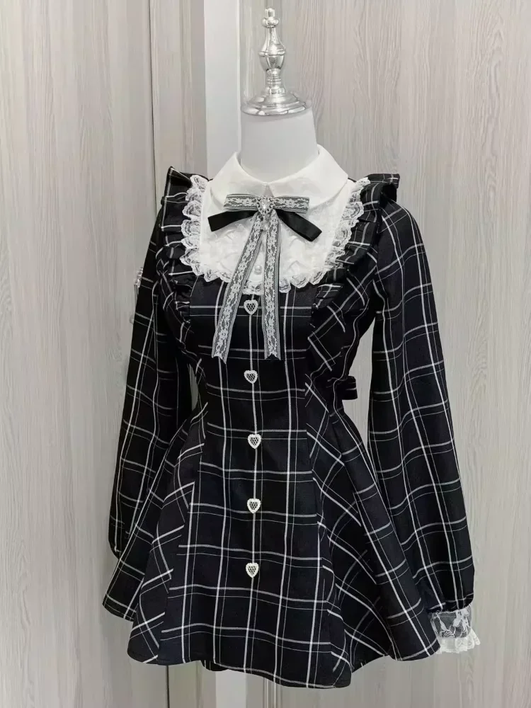 Фото Japanres милые платья в консервативном стиле с бантом и оборками женское Y2k Harajuku тонкое мини-платье осеннее готическое клетчатое вечернее платье с длинными рукавами №1