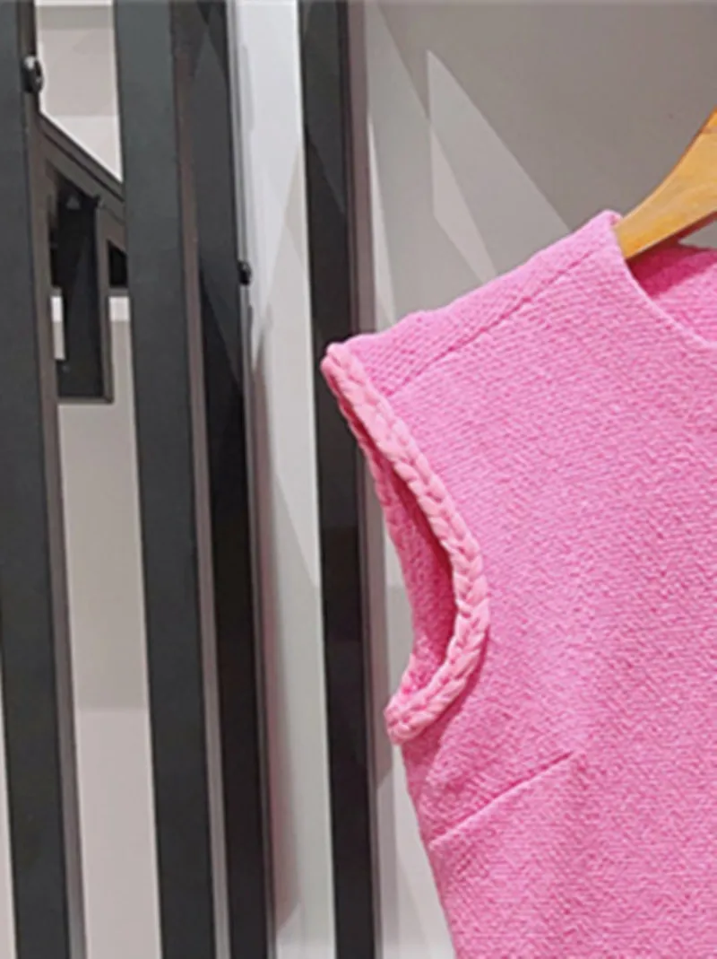 Women Tweed Twist Trim Pink Tank Dress 2023 Summer New Ladies O-Neck Sleeveless Elegant Mini Robe with Pocket
