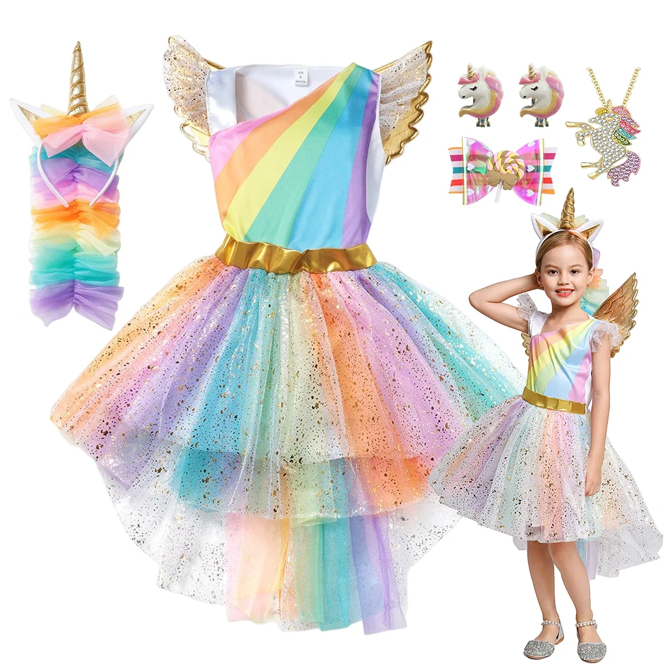 

Unicorn Costume for Girls Birthday Gifts Kids Rainbow Tutu Dress Halloween Party Decoration Christmas Outfit with Headband Wing