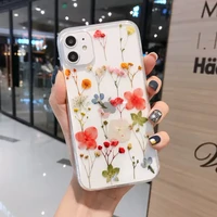 for iphone 12 11 13 pro xs max x se xr 7 8 plus transparent silicone coverfashion glitter real dry pressed flower phone case