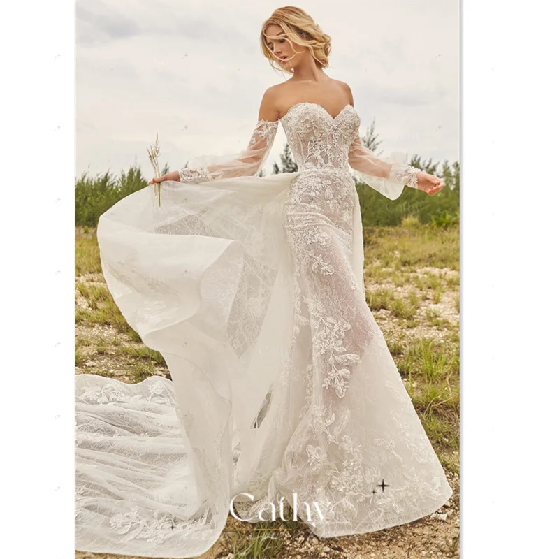 

Grace Long Sleeve Mermaid Wedding Dress Sweetheart Wedding Dress With Trail Vestidos De Fiesta Lace Embroidery Robe De Mariée