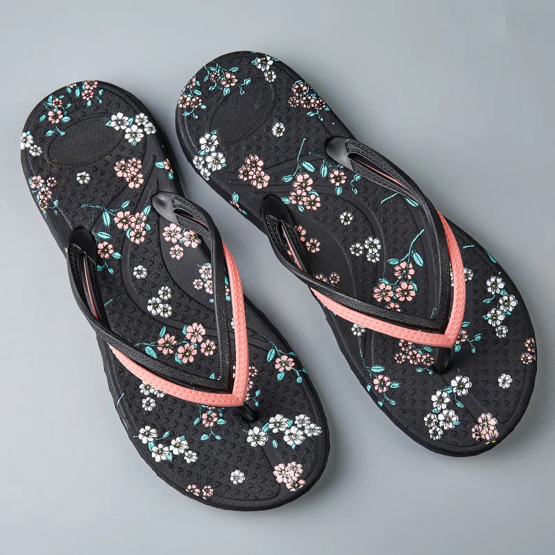 Summer Fashion Flip Flops Women Printed Flowers Thick Sole Outdoor Garden Beach Shoe Versatile Clip Foot Sandals Casual Slippers