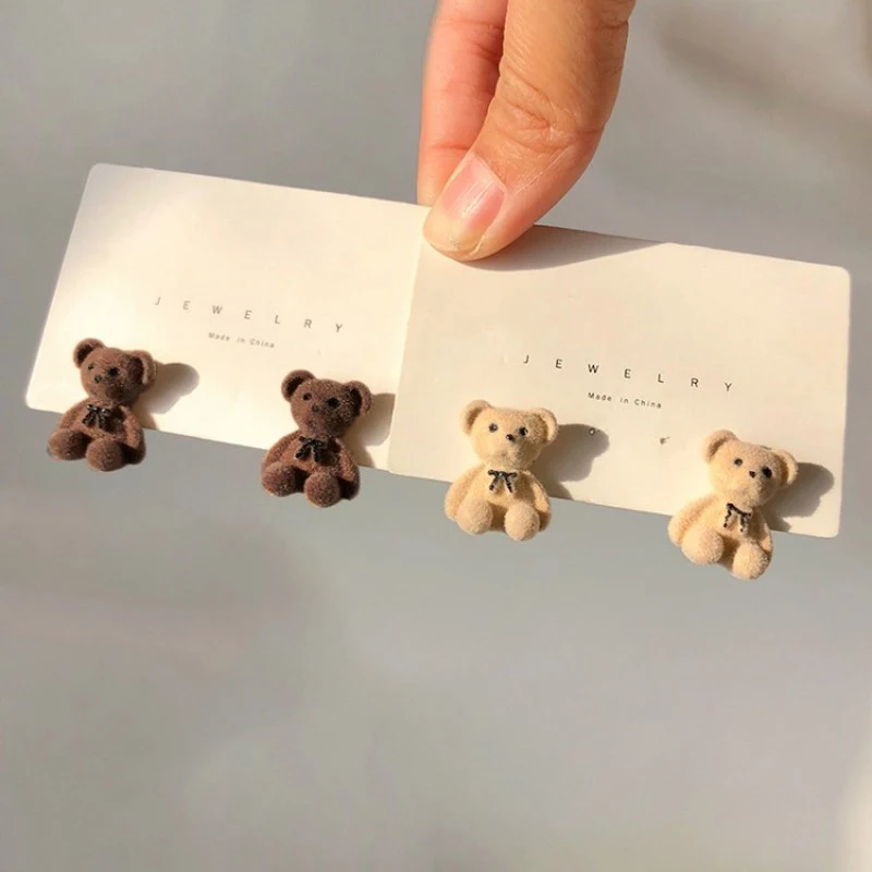 Flocking Plush Rabbits Bears Stud Earrings Brown Khaki Animal Drop For Women Girls Cute Earring Jewelry Brincos Gifts | Украшения и