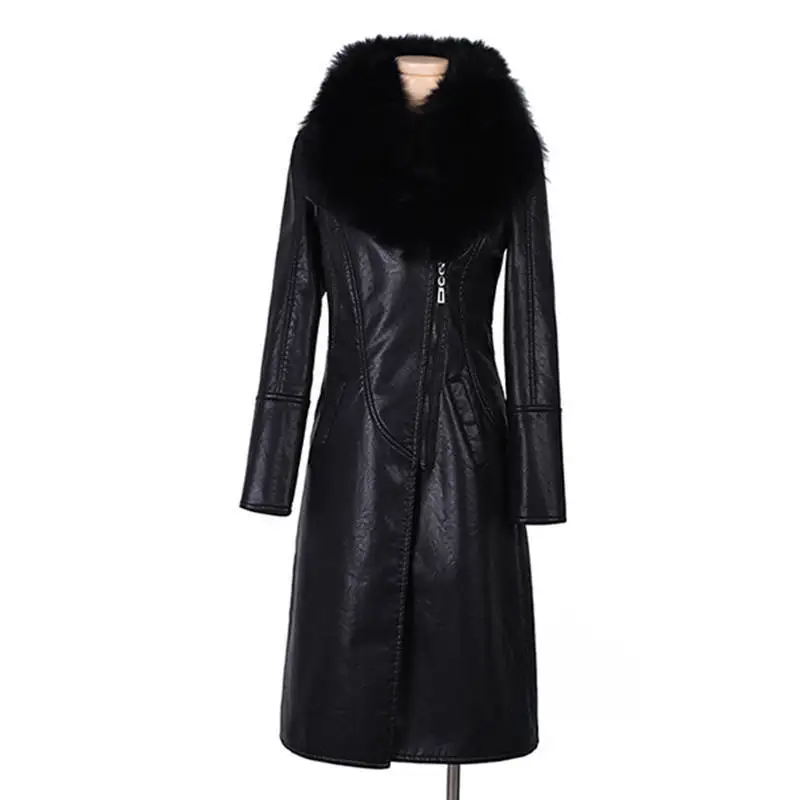 Black Winter Coats Big Collar Long Slim PU Leather Jacket Women 2022 New Plush Thick Warm Korean Fashion Tops Famale Clothing