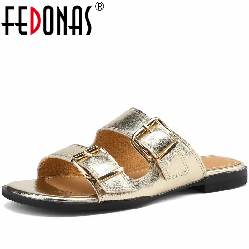 

FEDONAS Concise Slippers Women Sandals 2023 Summer Genuine Leather Fashion Buckles Comfortable Casual Working Shoes Woman Flats