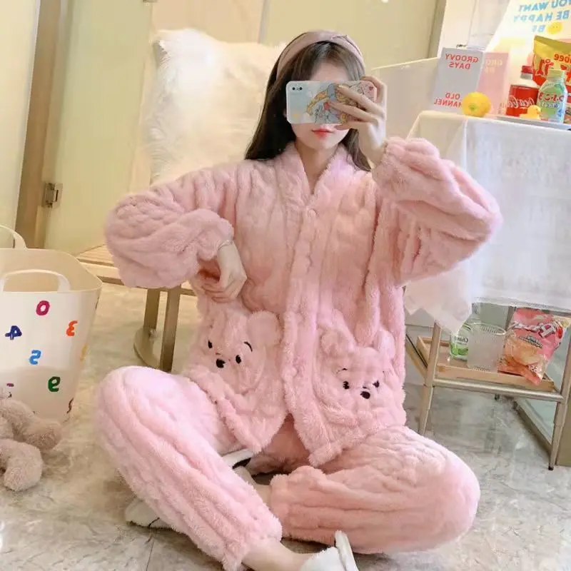 Pajamas Can Be Worn Externally, Casual Long Sleeve Suit, Winter Velvet Round Neck Loose Housewear, Women's Thickened Pajamas