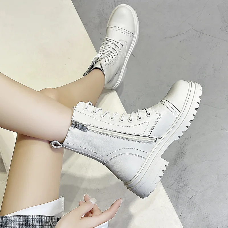 

Autumn Ankle Boots Women Genuine Leather Platform Boots Round Toe Lace-up Chunky Combat Motorcycle White Boots
