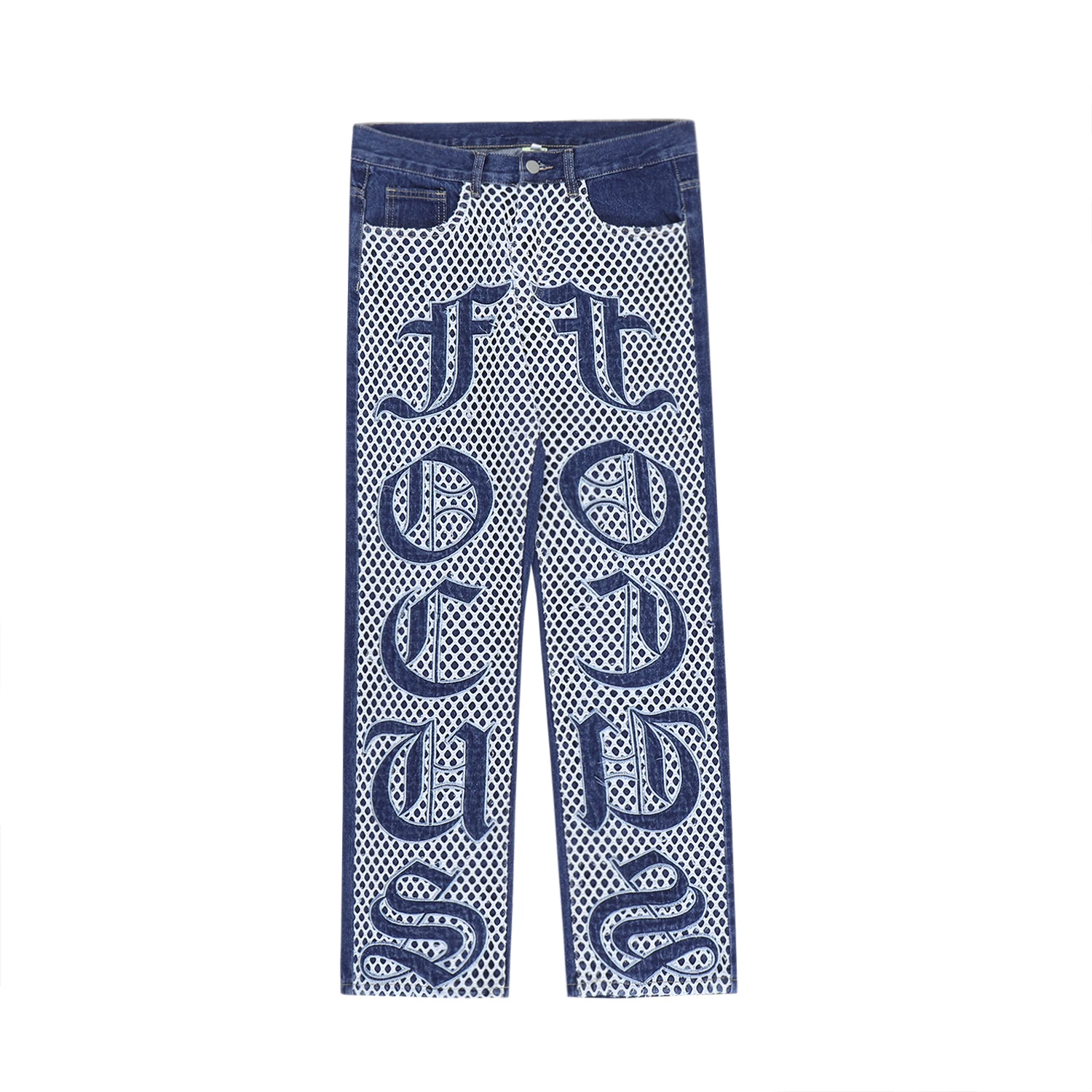 Blue Mesh Patch Gothic Letter Embroidery Straight Jeans Mens Black Fashion Casual Patchwork Denim Trousers