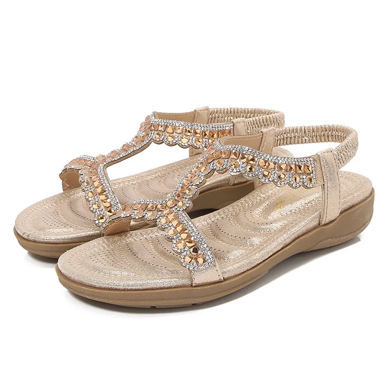 

Large size rhinestone sandals Women's round toe flat bottomed open toe sandals