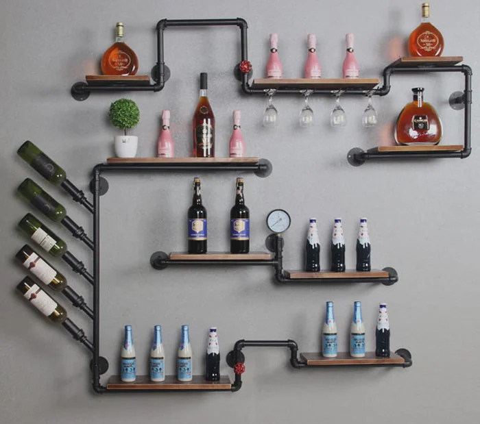 

Customized Wine Steel Shelf Wooden Hanging Bar Loft Rack Industrial Pipe Floating Bar Shelves