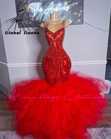 red o neck long prom dresses for black girls 2022 evening gowns ruffles birthday party gown appliques formal dress robe de bal