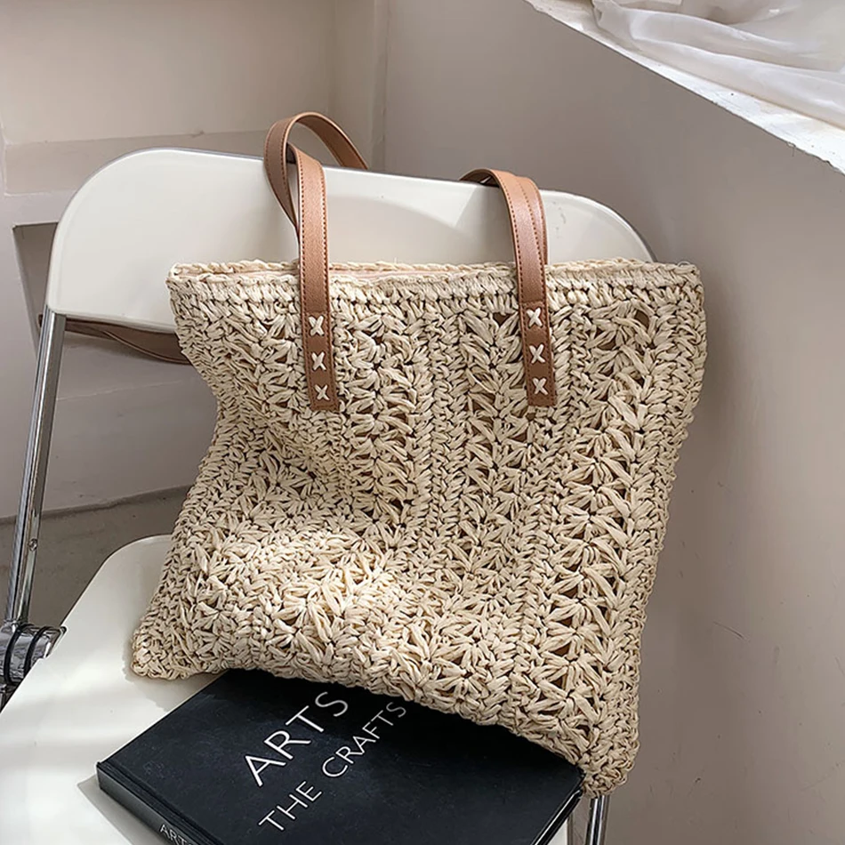 

Вместительная плетеная женская сумка-тоут из соломы, Высококачественная дизайнерская сумка через плечо из мягкой пеньковой веревки с выре...