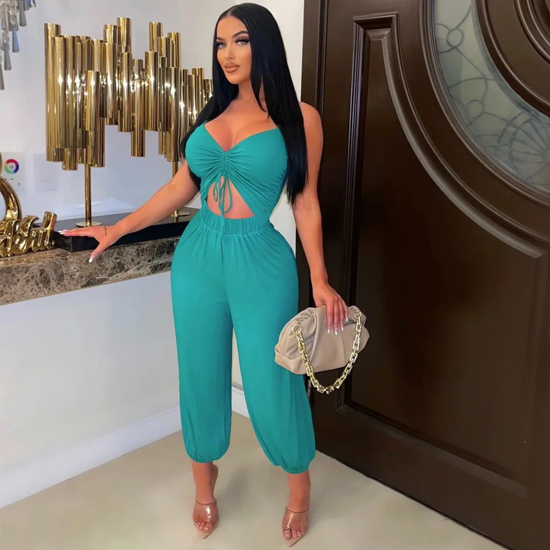 

Summer Two Piece Set Women Fashion Solid Drawstring V-neck Camisole Elastic Long Pants Suit Casual Two Piece Set Women