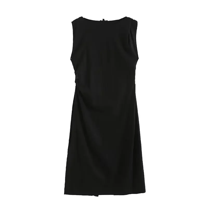 

Women's 2023 Chic Fashion New Waist Pleats-decorative Slim Long Dress Retro O-neck Sleeveless Split Women's Dress Mujer