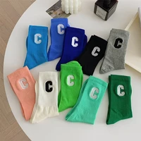 medium tube solid color socks woman summer stockings blue capital letter c candy color socks woman korean fashion cotton socks