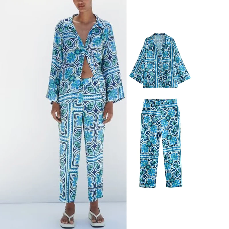 

TRAF Woman Two Piece Pants Sets 2023 New Fashion Print Blouses Women Suit Elegant 2 Pieces Set For Women Outfits