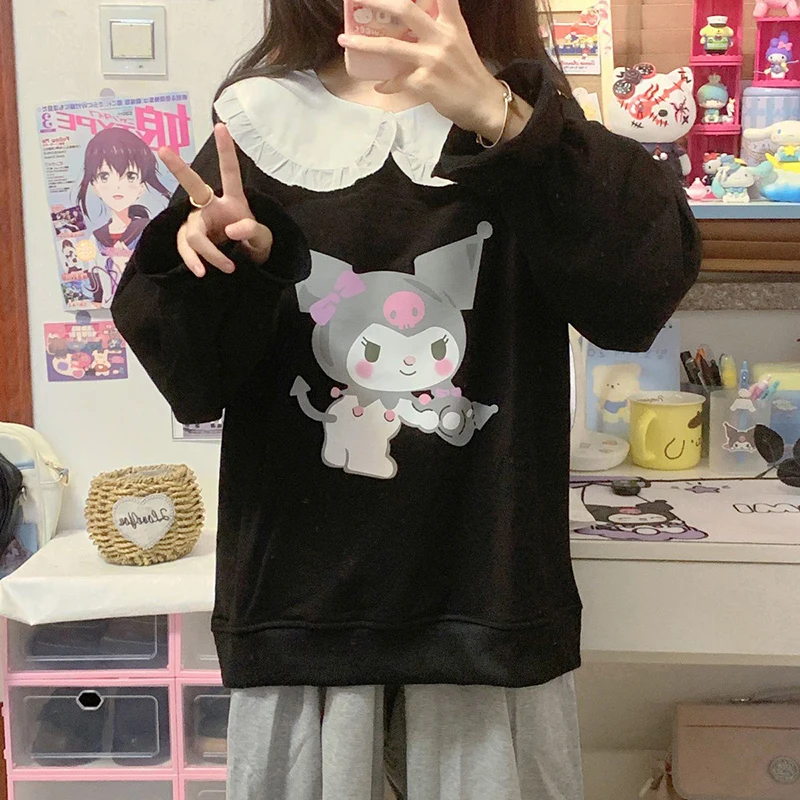 

Kawaii Anime Sanrio Autumn Winter New Round Neck Kuromi Cartoon Hoodie Sweatshirt Clothing Cute Girls Sweet Lazy BF Jacket Tops