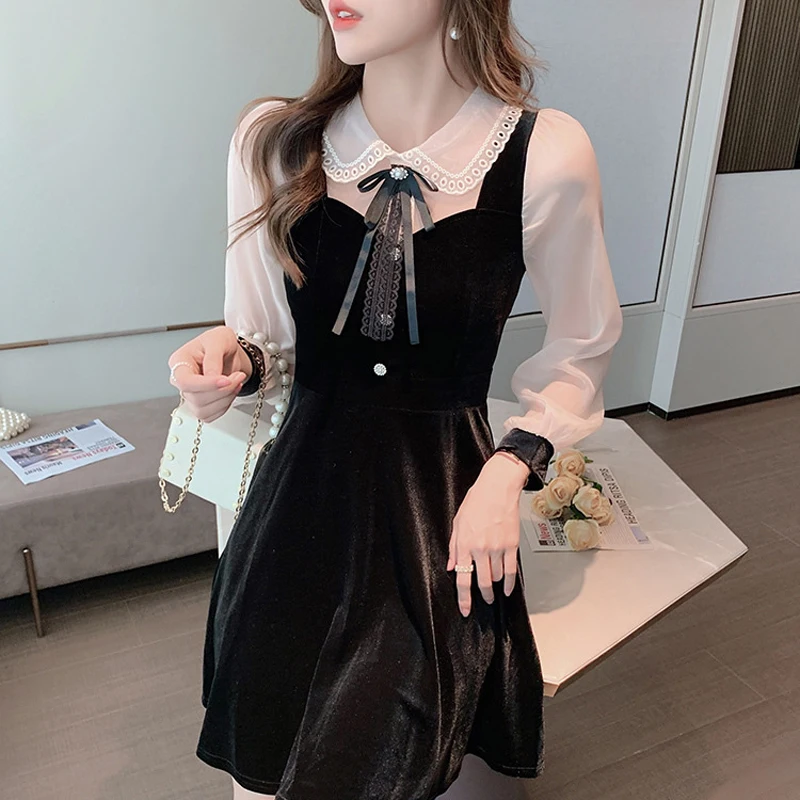 

Korean Elegant Dresses Women Vintage Velvet Black High Waist Dress Autumn Y2k Clothes Stand Neck Lantern Sleeve Slim Party Dress