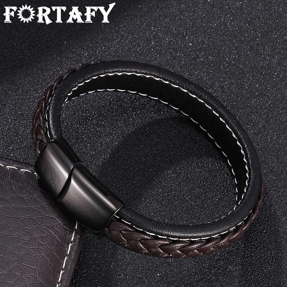 

FORTAFY Leather Rope Bracelet for Men Jewelry Stainless Steel Magnetic Clasp Bracelet Bangles Handmade Male Wrist Band FR0012