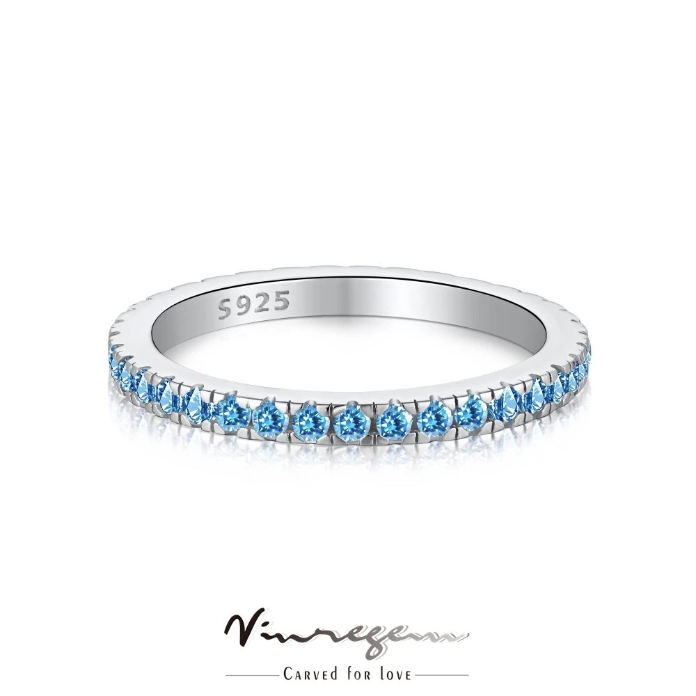 

Vinregem 925 Sterling Silver Round Fancy Sea Blue Synthetic Moissanite Row Diamond Ring for Women Gift Drop Shipping