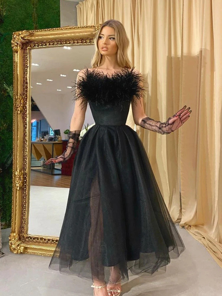 PLEINDI Luxury Evening Dresses Boat Neck Sleeveless A-shaped Tea-Length Lace 2022 New of Ruched Exquisite Prom Dress Women