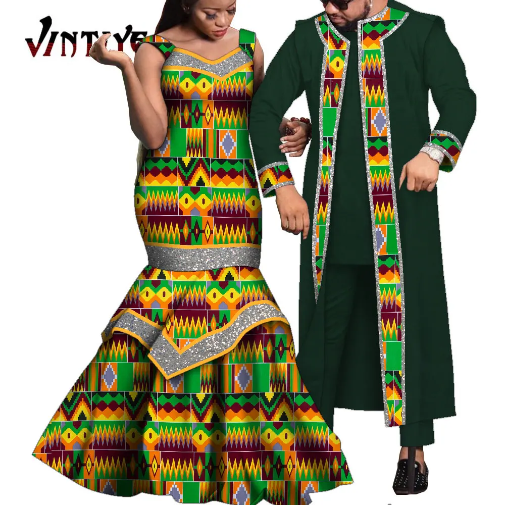 African Clothes for Couple Floral Print Maxi Long African Dresses for Women and Dahsiki Men Long Robe Suit Lovers Outfit WYQ945