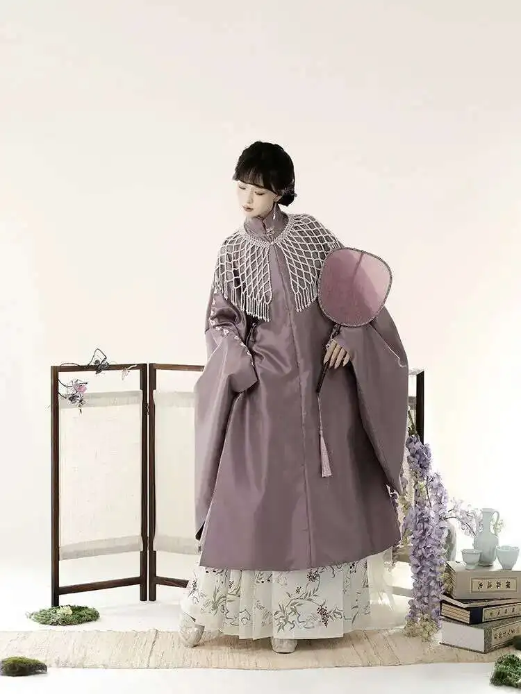 Фото Qingyi Huashang поздняя осень Hanfu женская длинная рубашка с объемными плечами династии Мин воротник-стойка диагональной вышивкой №4