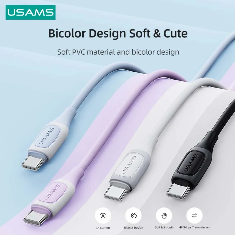 

USAMS 3A USB A To Type C Super Fast Charge Cable For Huawei Xiaomi Samsung Macbook Bicolor Chargings Data Cable 1M Wire Cord